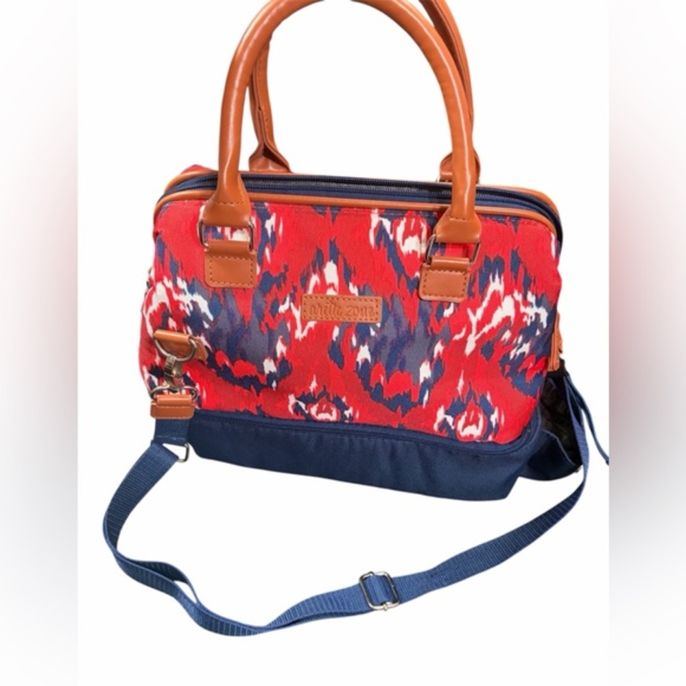 Unknown Brand Red & Navy Patterned Crossbody Tote with Tan Accents